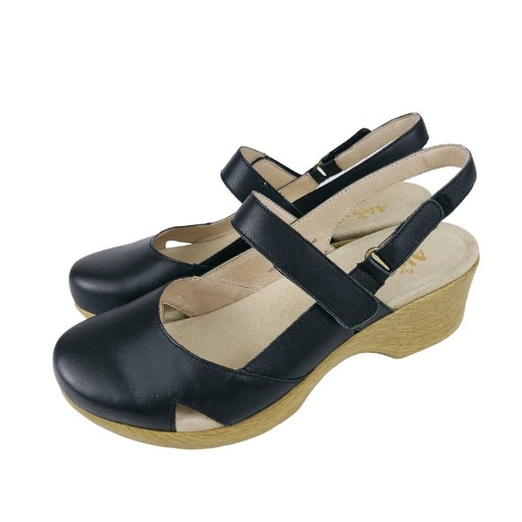 Alegria Shoes - ALEGRIA Tarah Solid Black Leather Comfort Shoes Wedge Sandals Size 41